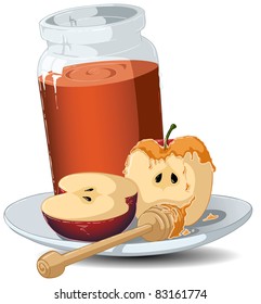 A Vector Illustration of a glass jar filled with honey sets on a plate with a sliced apple covered with honey and a wooden stick on the side for the Jewish New Year's holiday.