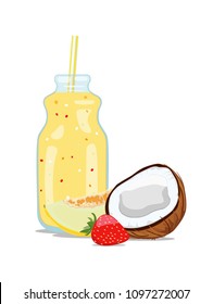 Vector illustration of glass jar with fruit or smoothies juice from coconut, melon and strawberry, tube for drinks. Design of dishes for drinks. Flat icon on white background.