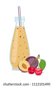 Vector illustration of glass jar with fruit or smoothies juice from plums and cherries and tube for drinks. Design of dishes for drinks. Flat icon on white background.