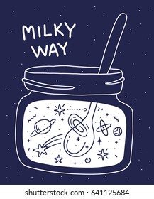 Vector illustration of glass jar with galaxy and spoon on dark blue background with inscription and dots. Flat hand drawn line art style of milky way for print, web, site, card