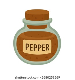 Vector illustration of glass jar with ground pepper spice and label in flat cartoon style.