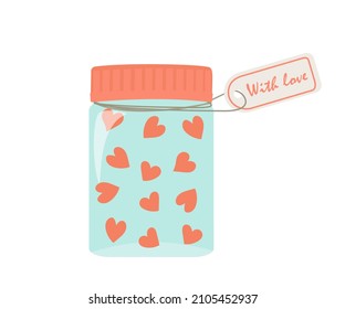 Vector illustration of a glass jar with hearts isolated on a white background.