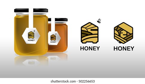 Vector illustration. Glass jar. Logo with the image of honey, bees, fields, apiary, hive.