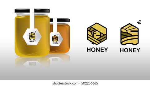 Vector illustration. Glass jar. Logo with the image of honey, bees, fields, apiary, hive.