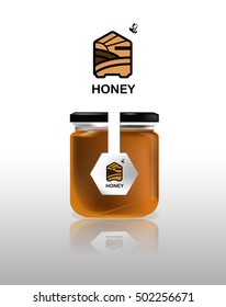 Vector illustration. Glass jar. Logo with the image of honey, bees, fields, apiary, hive.