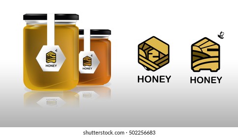 Vector illustration. Glass jar. Logo with the image of honey, bees, fields, apiary, hive.