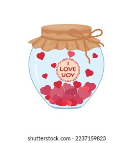 Vector illustration of a glass jar with love cards and notes. Valentine's Day design element. Flat illustration with a jar and hearts.