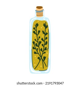 Vector illustration of glass jar with olive oil and herbs in cartoon flat style. Mediterranean food, healthy eating, oil bottle, ingredients for cooking