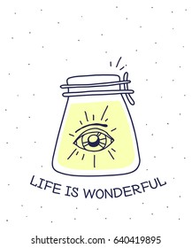 Vector illustration of glass jar with open eye on white background with dots and title. Flat hand drawn line art style for print, web, site, invitation, greeting card