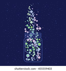 vector illustration / glass jar with plenty of lights or fireflies inside on dark night sky background