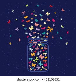 vector illustration / glass jar with plenty of butterflies inside on dark night sky background