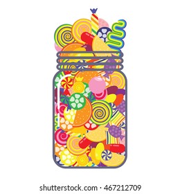 vector illustration / glass jar with plenty of colorful candies inside on white background