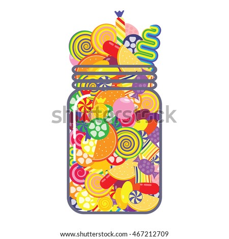 vector illustration / glass jar with plenty of colorful candies inside on white background