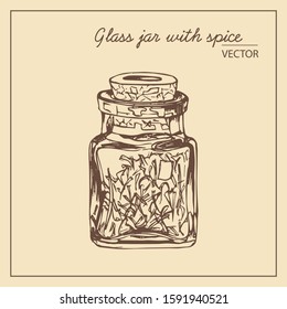 Vector illustration Glass jar with spice. Drawn by hand, in the style of doodle on a cream background. For magical designs, menu design, cuisine, recipes, herbal shops