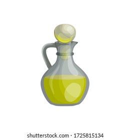 Vector illustration with a glass jar of vegetable oil or olive nutty liquid oil in cartoon style. Bottle of aromatherapy oil for spa treatments, cooking and perfumes. Icon for website design packaging