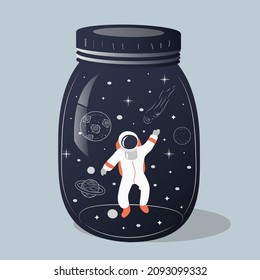 vector illustration - a glass jar in which space, astronaut, planets, asteroids, comets, stars. trend illustration in flat style