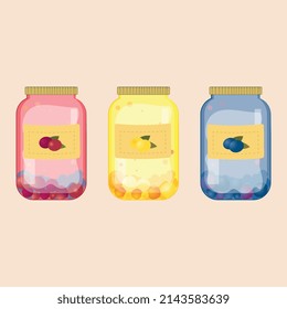 vector illustration with glass jars filled with berry juice
