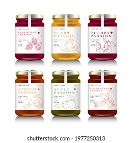 Vector illustration glass jars with with various of jam or honey. Packaging collection. Mock up jam jars with design labels