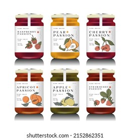 Vector illustration glass jars with with various of jam or honey. Packaging collection. Mock up jam jars with design labels