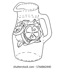 Vector illustration. Сontour of glass jug with ice lemonade, mint, tube and orange slice isolated on white. Hand drawn simple doodle clipart. Seasonal summer drink sketch. For logo, menu, food banner