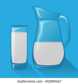 Vector illustration  Glass jug pitcher of fresh milk on blue background. Milk logo