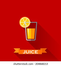 vector illustration with a glass of juice in flat design style with long shadows 