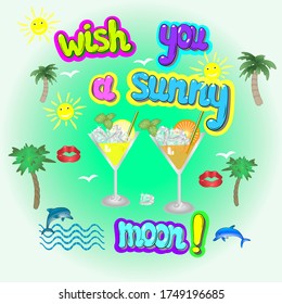 Vector illustration with a glass of juice,palm trees,sponges,smiling sun and hand lettering.