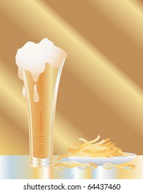 vector illustration of a glass of lager and a plate of french fries in eps10 format