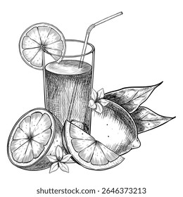 Vector illustration of Glass with Lemon slice, Citrus fruits, ice cubes, and leaves. Vintage botanical engraving of orange drink for summer menus, and food packaging. Linear drawing of cocktail.