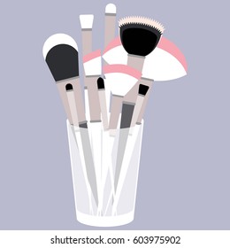 Vector Illustration With Glass And Makeup Brushes In Flat Style