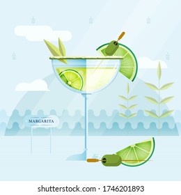 Vector Illustration of Glass of Margarita Cocktail with Lime Slice and Olive on blue background. Flat. Magazine poster concept. Bar Menu Design.