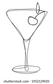 Vector illustration of glass with martini cocktail and cherry in one line endless style. The element is isolated on a white background. Can be applied as a sticker, icon, logo.