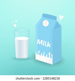 Vector illustration with glass of milk and board box of milk. Template for poster, web and advertising banner, article, promotion or design packaging.