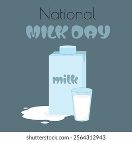 Vector illustration of a glass and a milk carton on a gray background. National milk day.