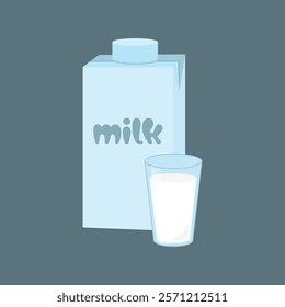 Vector illustration of a glass and a milk carton on a gray background.