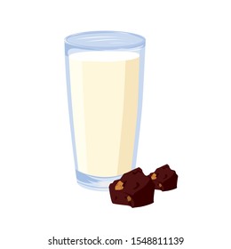 Vector illustration of a glass with milk on a white background. A glass of milk with chocolate chip cookies.