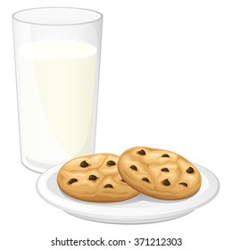 Vector Illustration Of A Glass Of Milk And Two Chocolate Chip Cookies On A Plate.