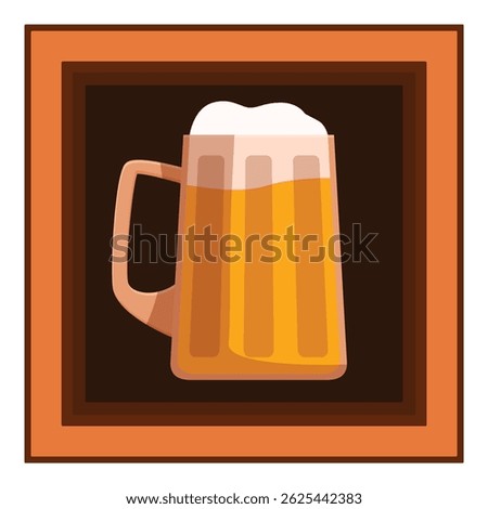Vector illustration of a glass mug of beer with foam in a wooden frame, refreshing and inviting