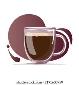 Vector illustration of glass mug with double bottom of coffee on dark gradient background. Coffee cup with americano. Coffee illustration for banner, website, social media, flyer and and postcard
