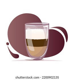 Ilustración vectorial de la taza de vidrio con doble fondo de café sobre fondo de gradiente oscuro. Café con café tardío y leche. Ilustración del café para banner, sitio web, medios sociales y postal