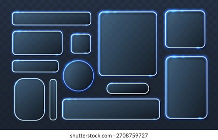Vector illustration. Glass neon glowing frames in different shapes for mobile apps and design elements.