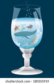 Vector illustration of a glass with an ocean inside and all kinds of ocean inhabitants 