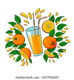 Vector illustration of a glass of orange juice with two straws with a group of whole, halves and slices of fresh oranges, green leaves and drops of juice.