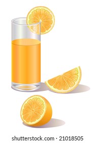 Vector illustration of  glass of orange juice and a half of orange fruit