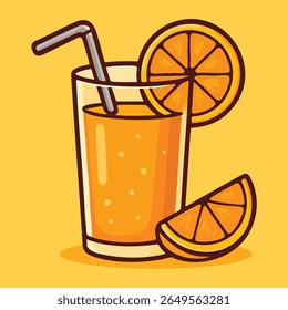 Vector illustration of a glass of orange juice with slices and straw in cartoon style. Ideal for summer drinks, fresh beverages, and food design.


