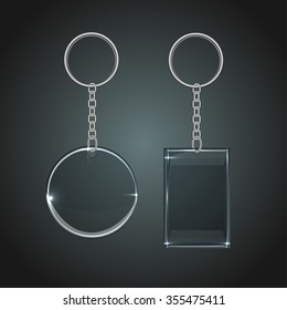 Vector illustration of a glass oval and rectangular keychain with a ring for a key, isolated on a gray background. Ideal template for branding, identity guidelines and promo campaigns.