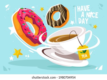 Vector illustration of a glass of packaged tea, sweet round donuts with icing in the air, morning snack