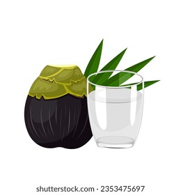 Vector illustration, a glass of palm wine, with Toddy palm fruit and leaves, isolated on white background.