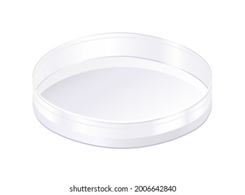 Vector illustration of glass or plastic Petri dish or Petri plate isolated on white background. Realistic illustration of chemical, medical, biological glassware. Shallow cylindrical dish, container.