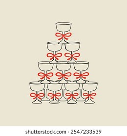 Vector illustration of glass pyramid. Elegant hand drawn champagne tower with red ribbons. Holiday clipart of alcohol cocktails